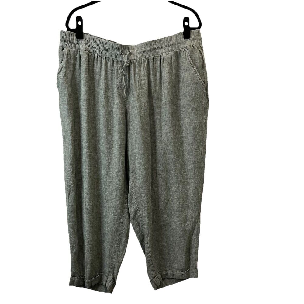 Jones New York Cropped Pants Womens Size 2X Green Linen Blend Pull On Beachy